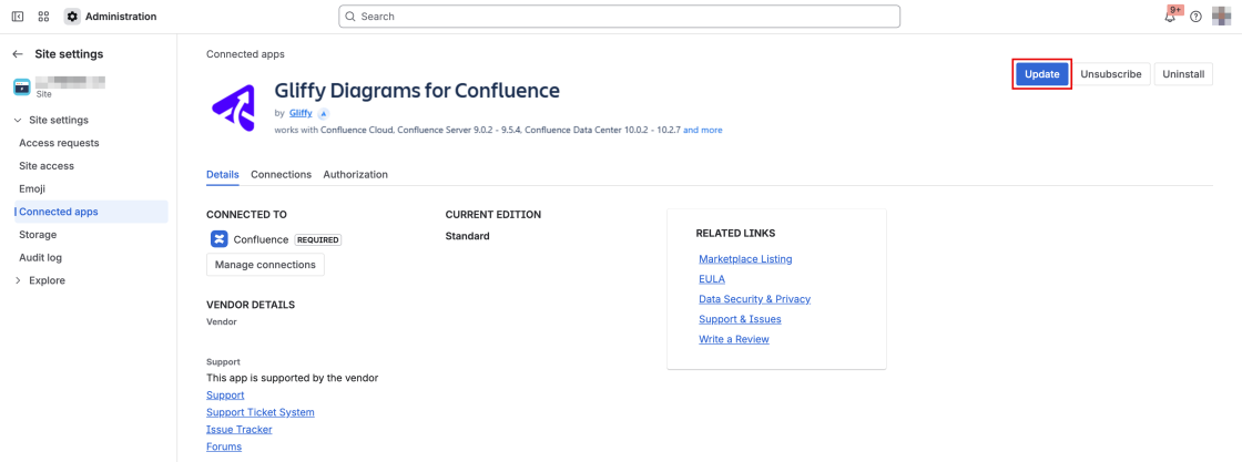 Update button on the Gliffy Diagrams for Confluence app webpage.