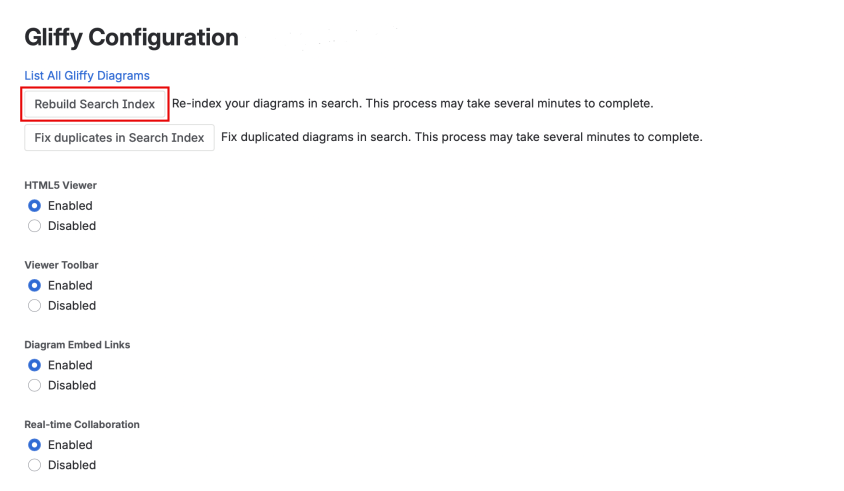 Gliffy Configuration screen with the Rebuild Search Index button